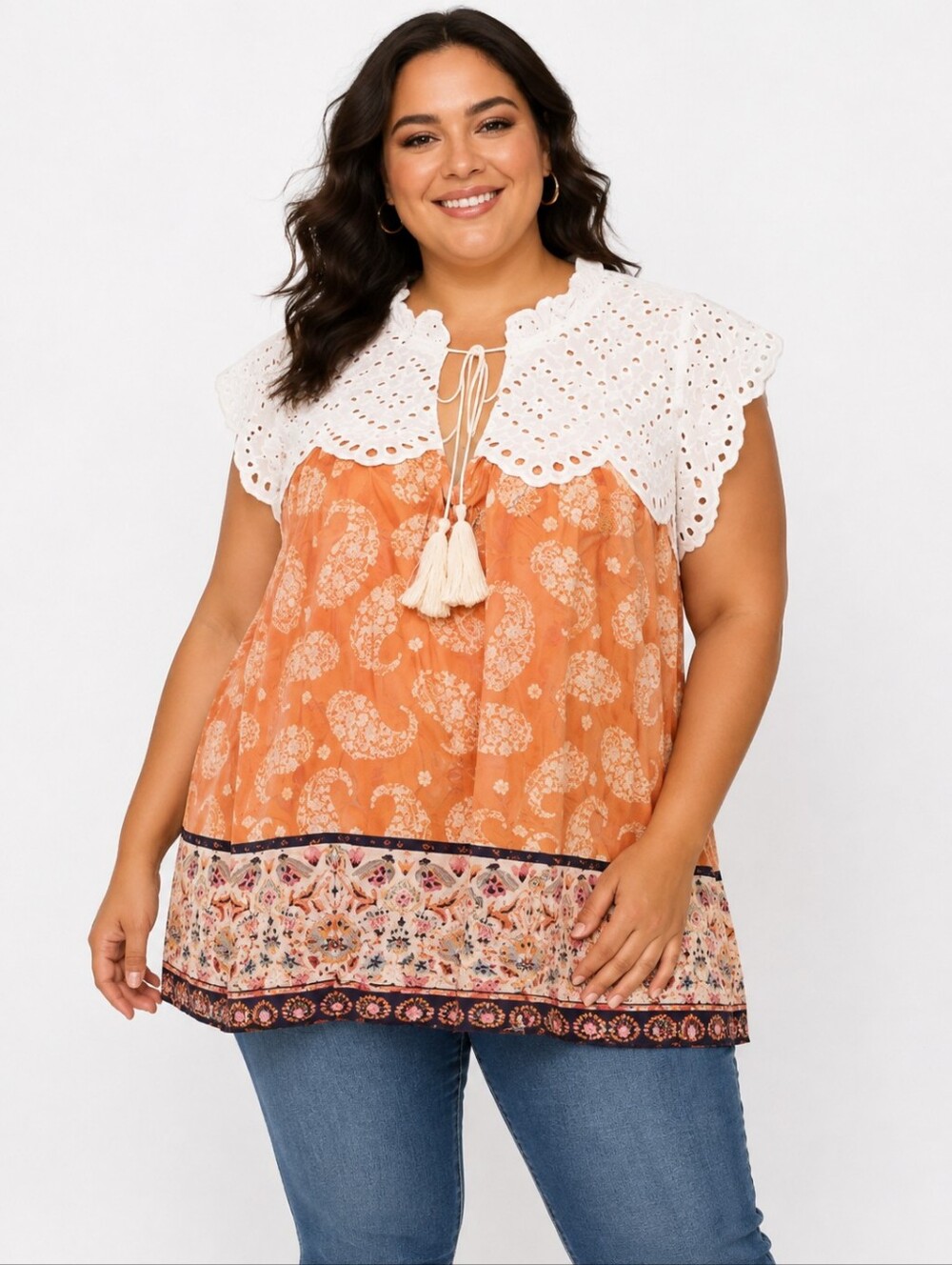 Mazik Plus Size Peach White Eyelet Flutter Sleeve Blouse Size 3X NWT